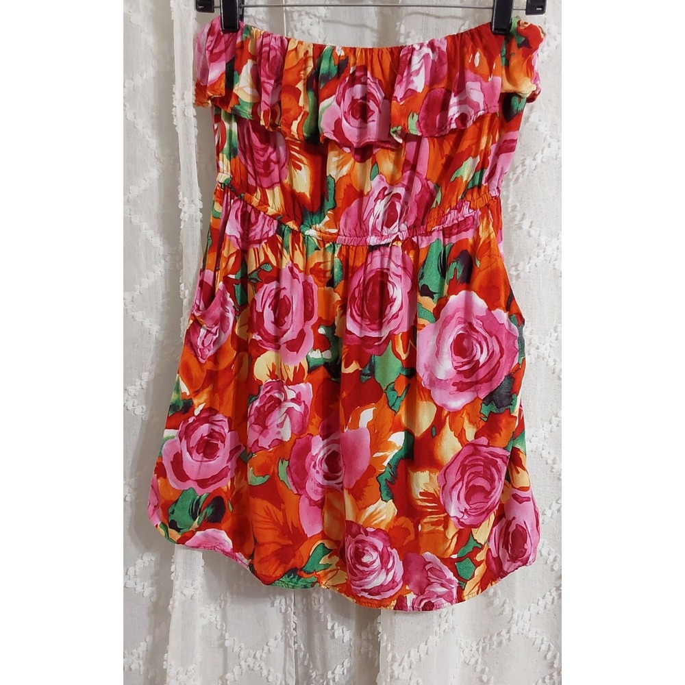 Forever 21 Womens Small Floral Ruffle Tube Top Orange Pink Strapless Rose Print